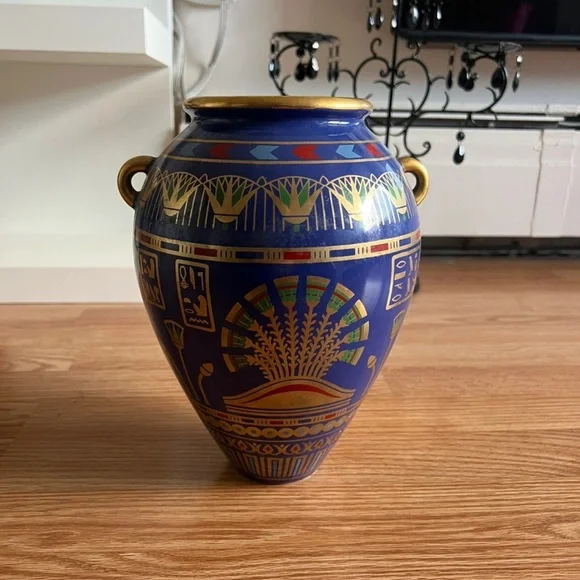 24kt gold Egyptian Motif Blue & Gold Decorative Urn Vase - Picture 2 of 5